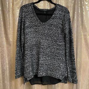 Apt. 9 Sparkly Black Silver Double Layered Sequin Long Sleeve Sweater, Large